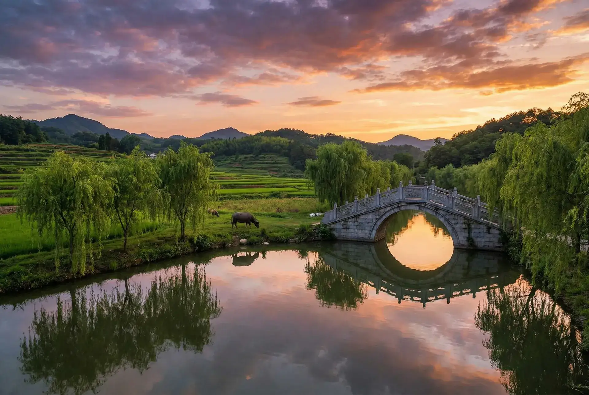夕阳下的石拱桥与垂柳，水牛在河边吃草 - 我和丰满瑜伽老师 乡村美景